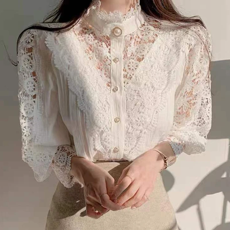 Elegant Petal Sleeve Stand Collar Hollow Out Flower Lace Patchwork Women Shirt Femme Lace Blouse Button Tops 12419