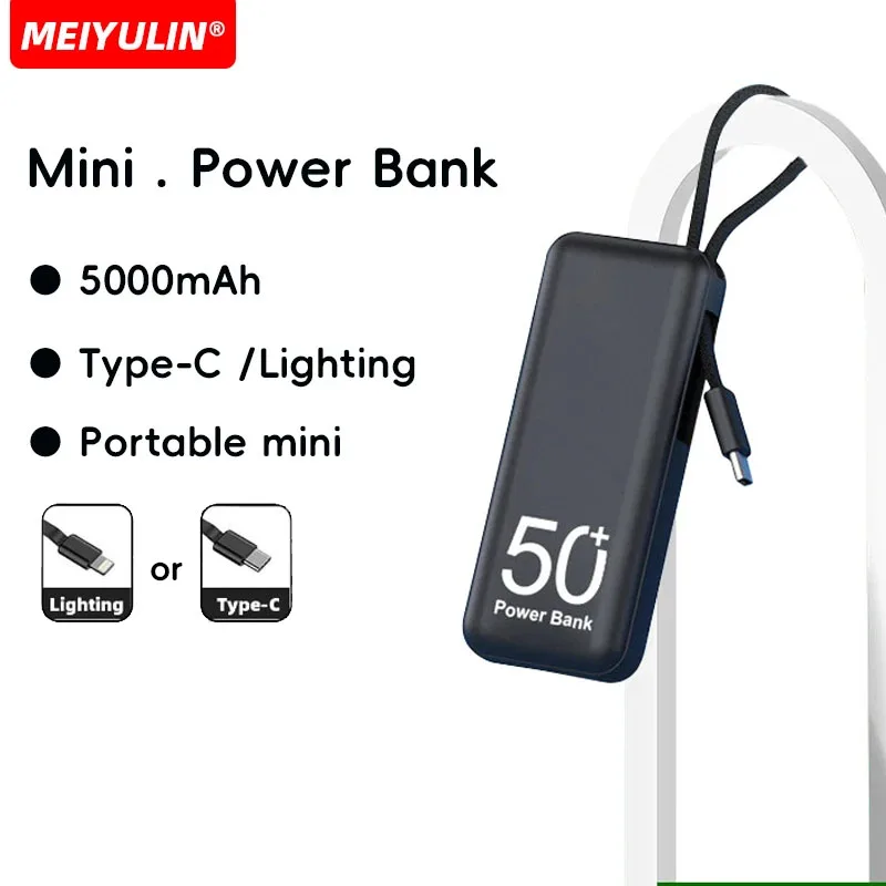 5000mAh Mini Power Bank Portable Fast Charger With Type-C /Lighting Cable External Spare Battery for iPhone 15 14 Samsung Xiaomi