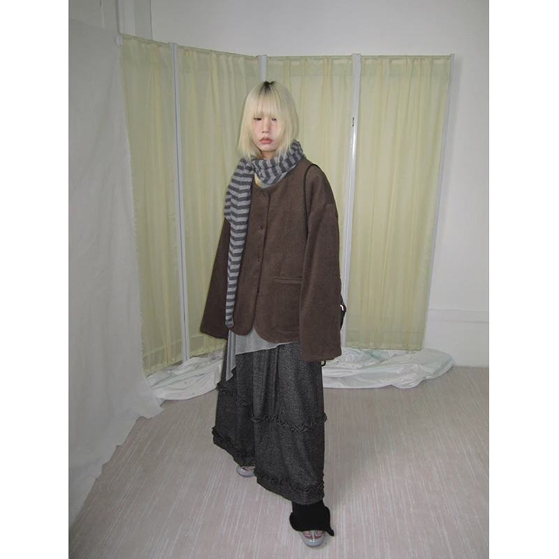 

Женская корейская свободная куртка из хлопка и шерсти, осенняя новинка, ретро, универсальная, для повседневной носки, модная, с длинными рукавами, круглым вырезом