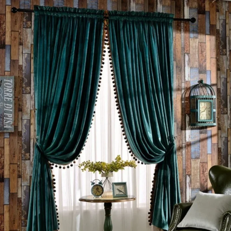 European Velvet Luxury Curtains for Living Room Bedroom Multi-color Solid Tassel Pom Pom Window Modern Minimalist Custom