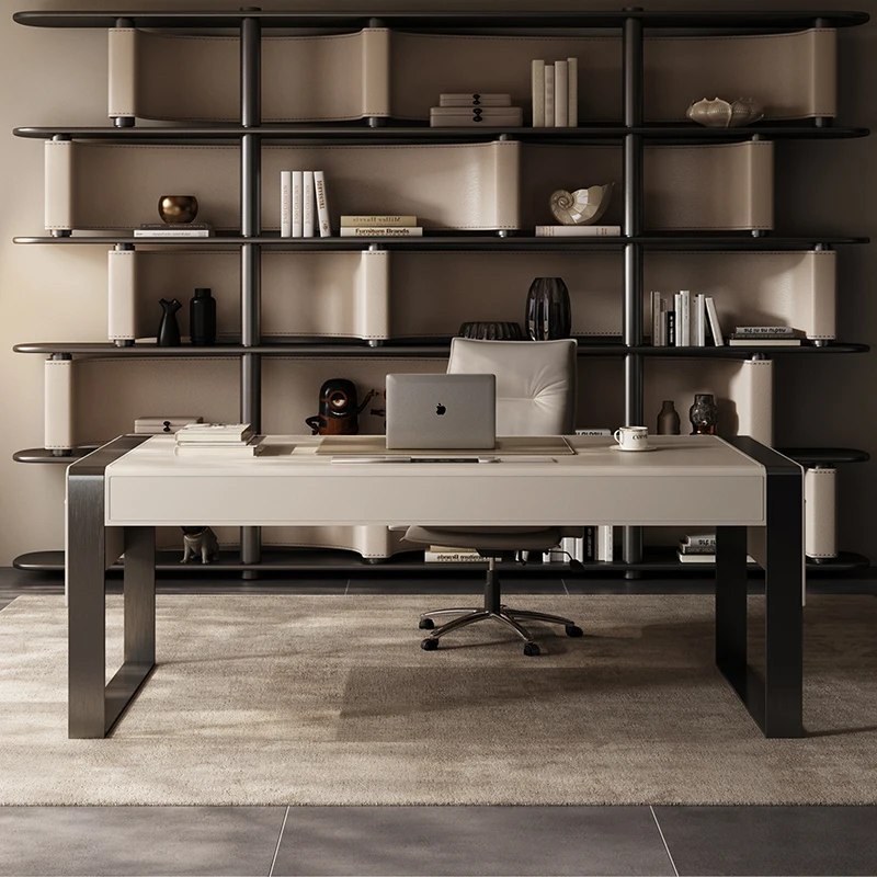 Light luxury high-end saddle leather solid wood home computer desk