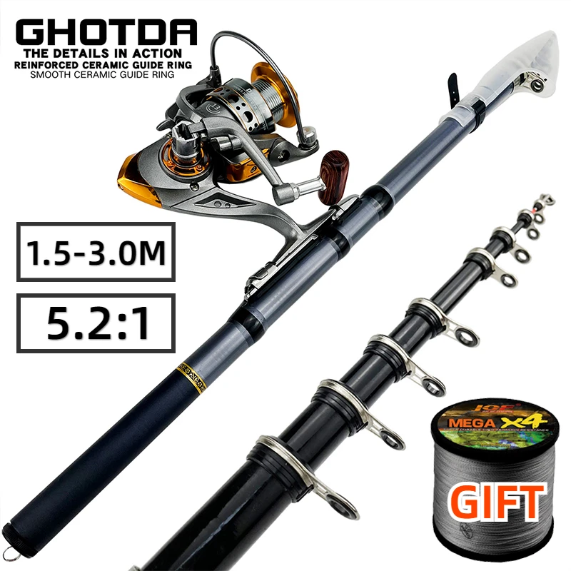 Telescopic Rock Fishing Rod and Reel Combo Ultralight Carbon Pole 1.5-3M with Baitcasting Wheel 5.2:1 High Speed for All Waters