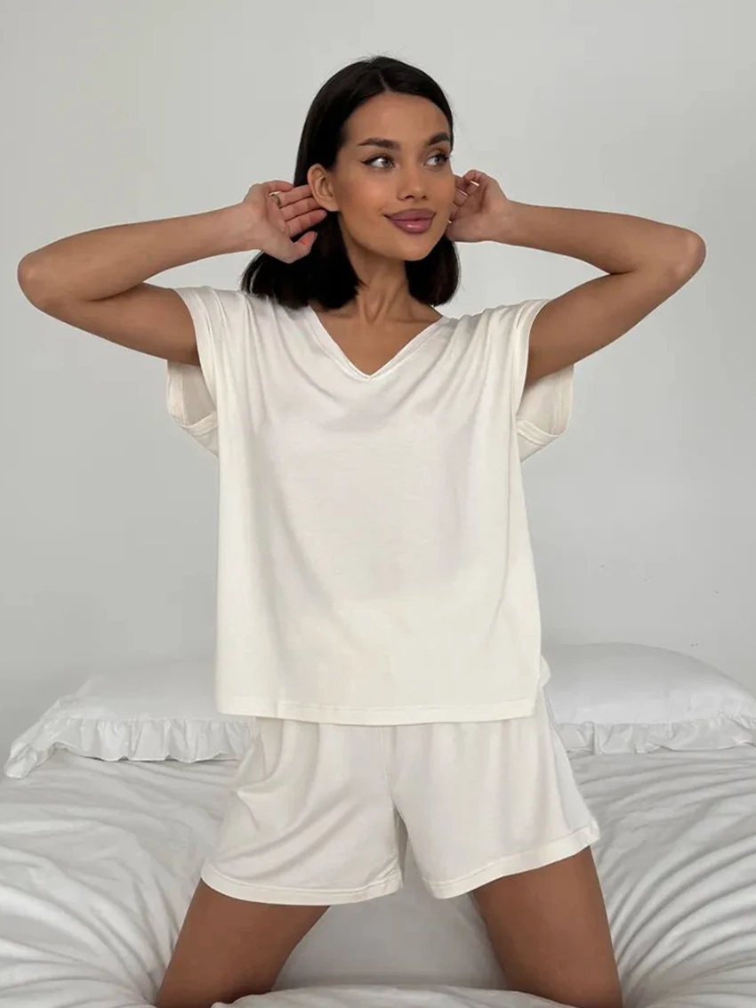 Marthaqiqis Loose Summer Female Nightgowns 2 Piece Suit V-Neck Sleepwear Short Sleeve Nightwear Shorts Casual Women Pajamas Sets