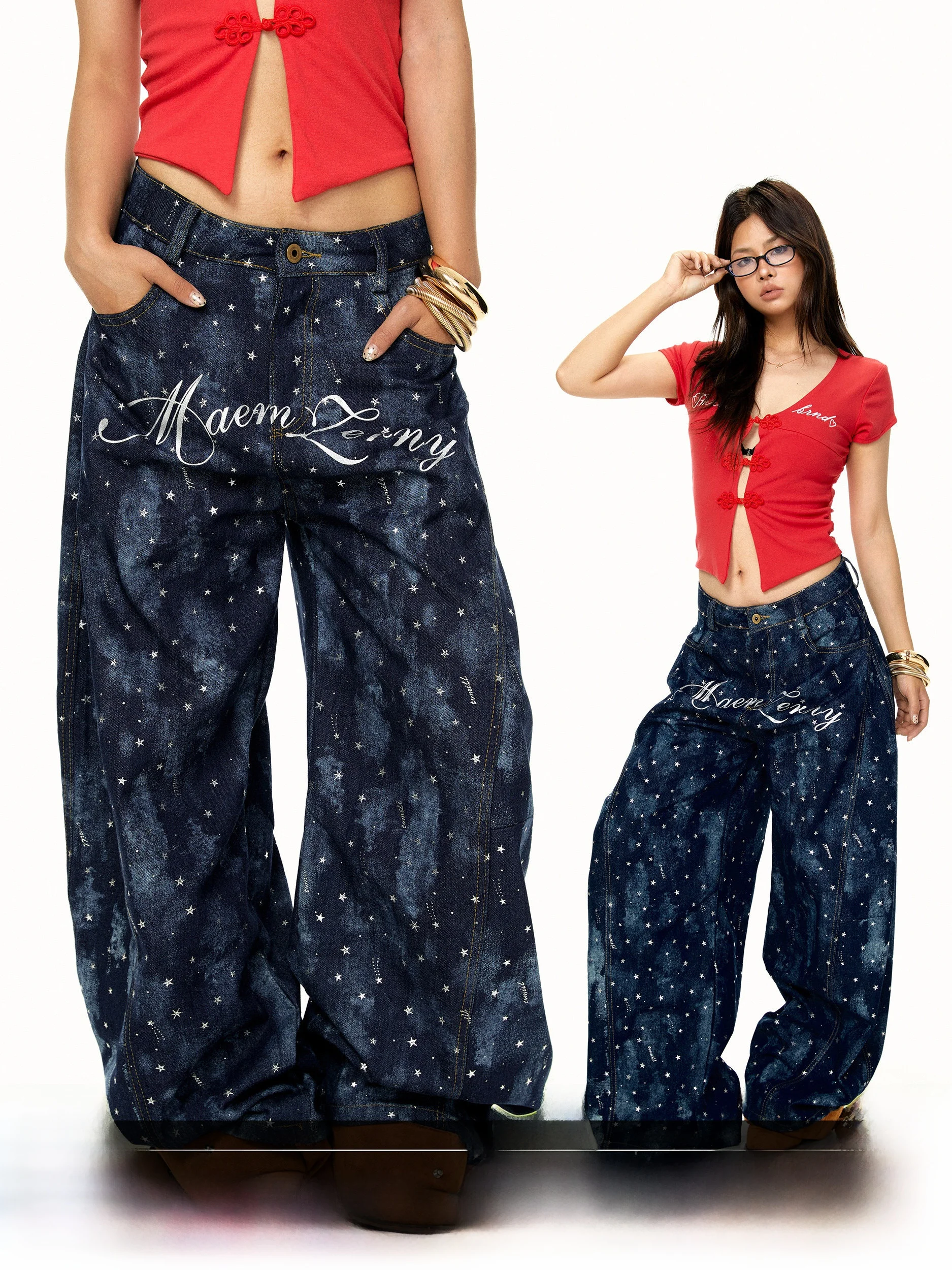 Fashionable American Star Letter Print Wide Leg Jeans Loose Straight Cut Casual Straight Jeans Cotton Natural Waist Button Cl...