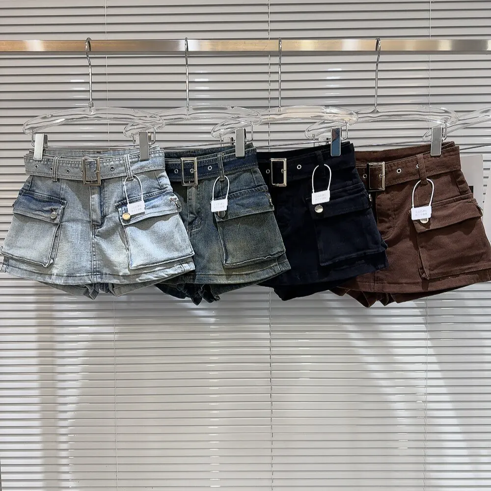 Spring Autumn Fashion Solid Color Big Pocket Wash Denim Skirt Female High Waist Button Zipper A-line Skirt for Women