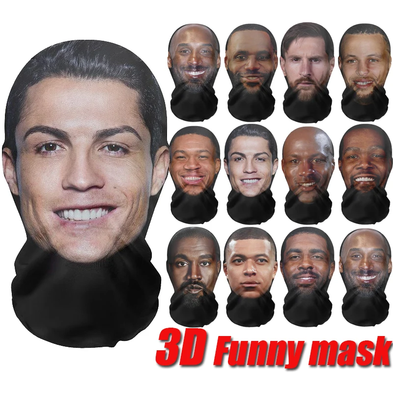 3D CR7 Kanye Seamless Mask Funny Face Printed Head Scarf Famous Person Ice Silk Sunscreen Head Mask Halloween Cosplay