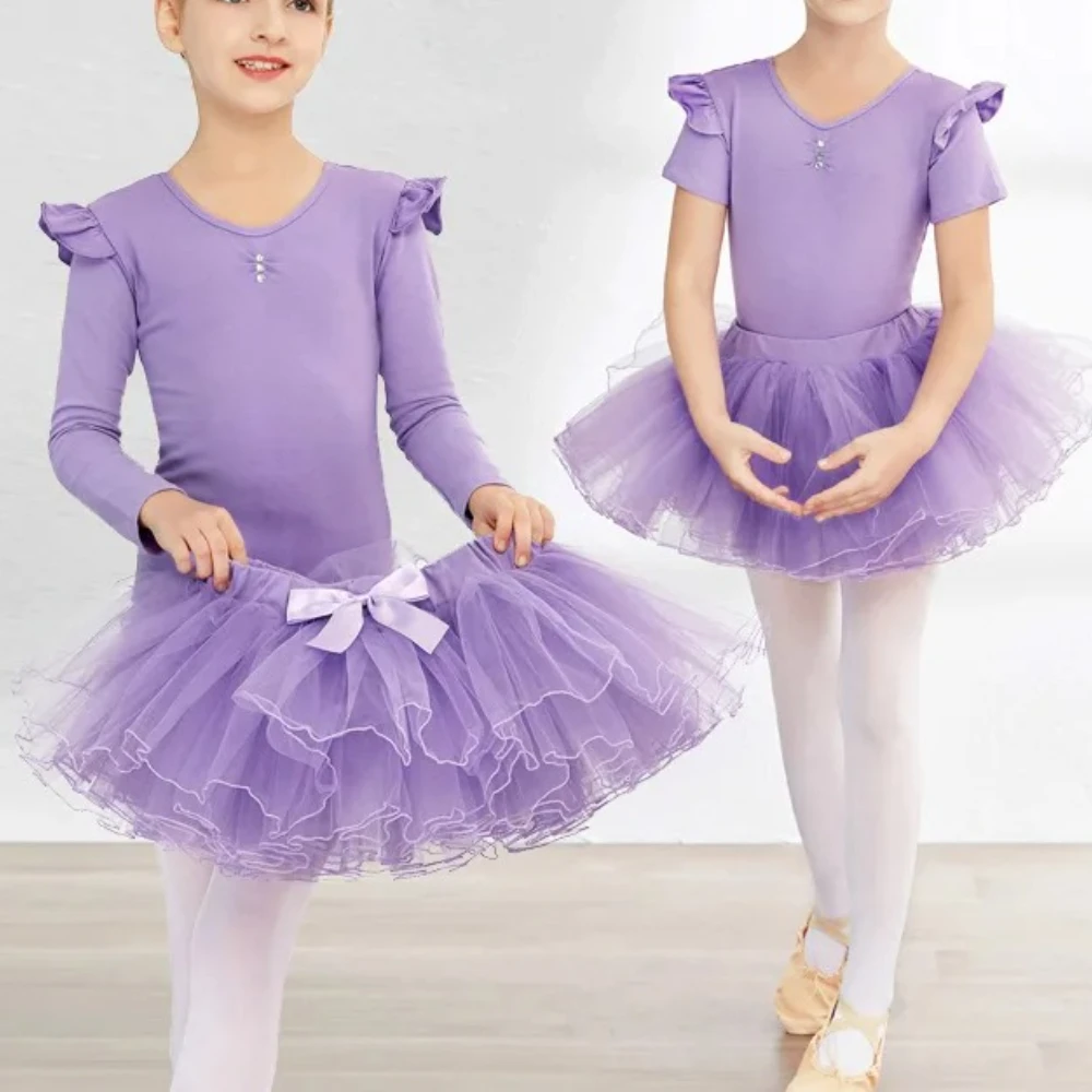 Tenue de danse de Ballet pour enfants filles, justaucorps de gymnastique à manches courtes/longues avec jupe en Tulle, Costume de danse pour spectacle sur scène