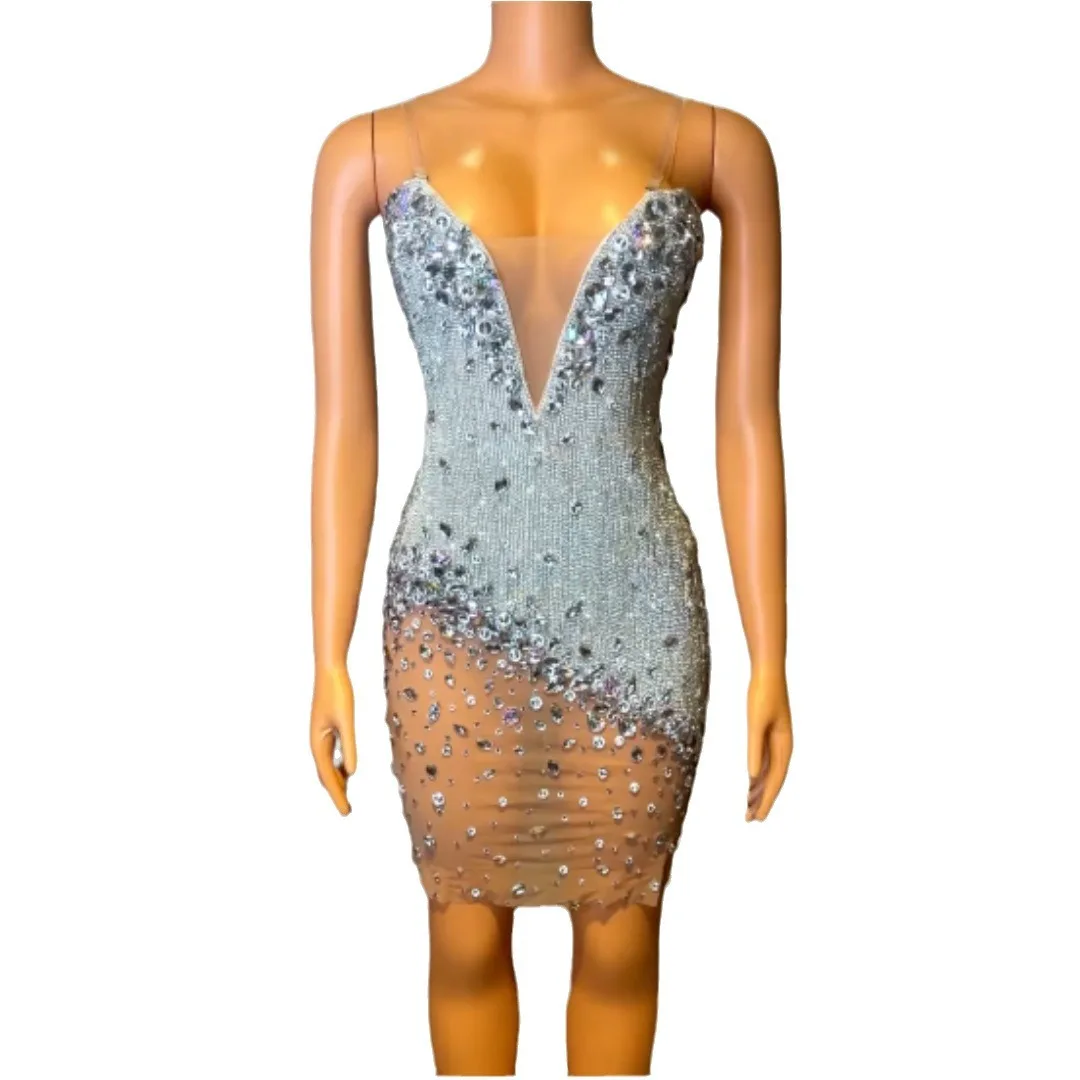 

Sexy Luxury Crystal Diamond Tube Top Dress Party Night Gogo Costume Chic Sequined Gowns Vestidos De Mujer Elegantes Para Fiesta