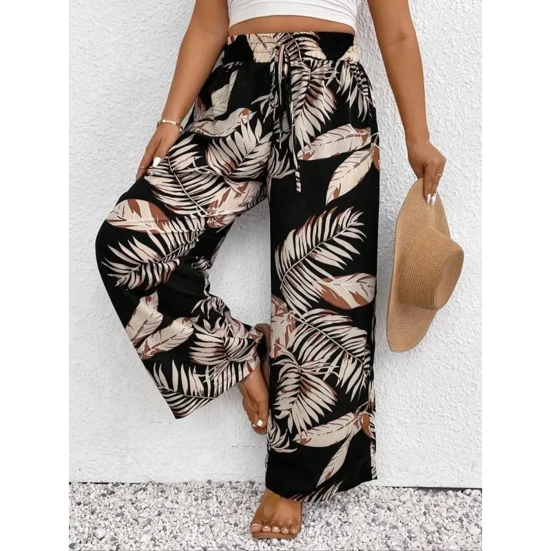 プラスサイズ 1XL-5XL 女性用花柄パンツ 春夏 薄手 ハイウエスト スリム アイスシルク ストレッチ 花柄 ストレートレッグ レディースパンツ