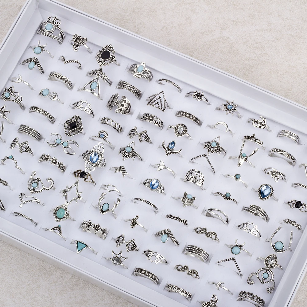 50 قطعة/الوحدة بوهيميا خمر فضي خواتم للنساء الرجال مزيج حجم تاج الفيل فراشة البنصر حزب مجوهرات هدية بالجملة