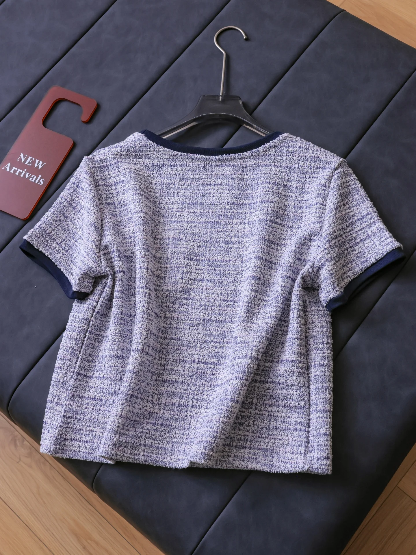 Summer New Women's Short Sleeve T-Shirt Coarse Tweed Texture Color Block Shoulder Soft Elastic Skin-friendly Casual Style