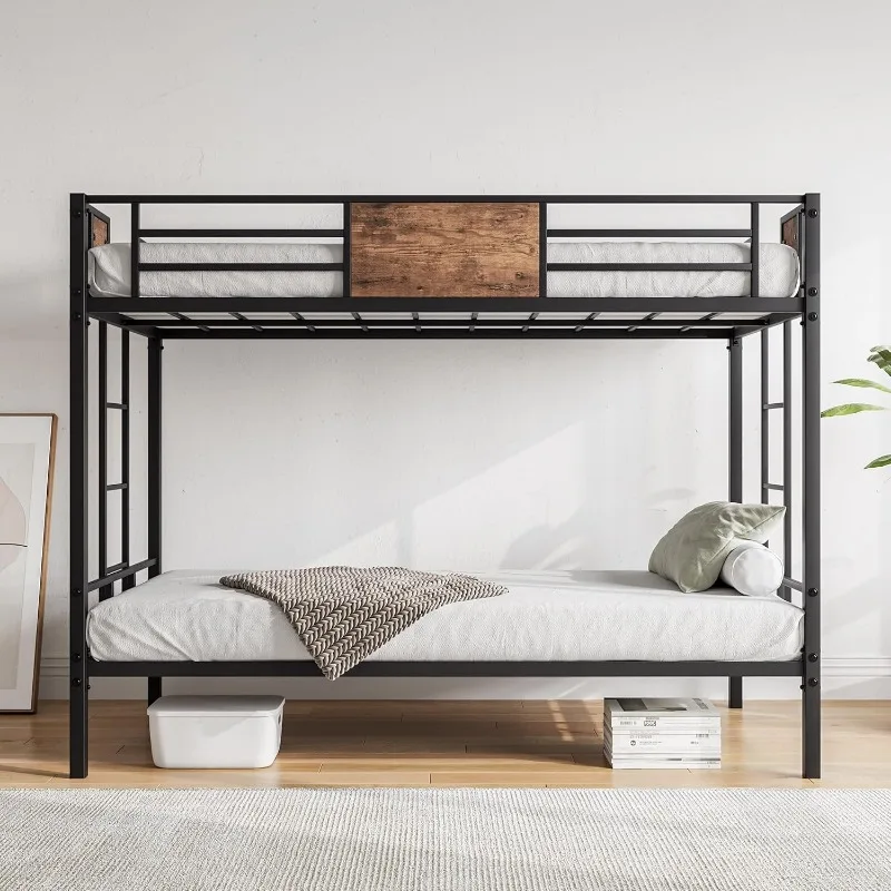 Metal Bunk Bed Twin Over Twin with 2- Side Ladder and Full-Length Guardrail，Space-Saving Design/No Box Spring Needed