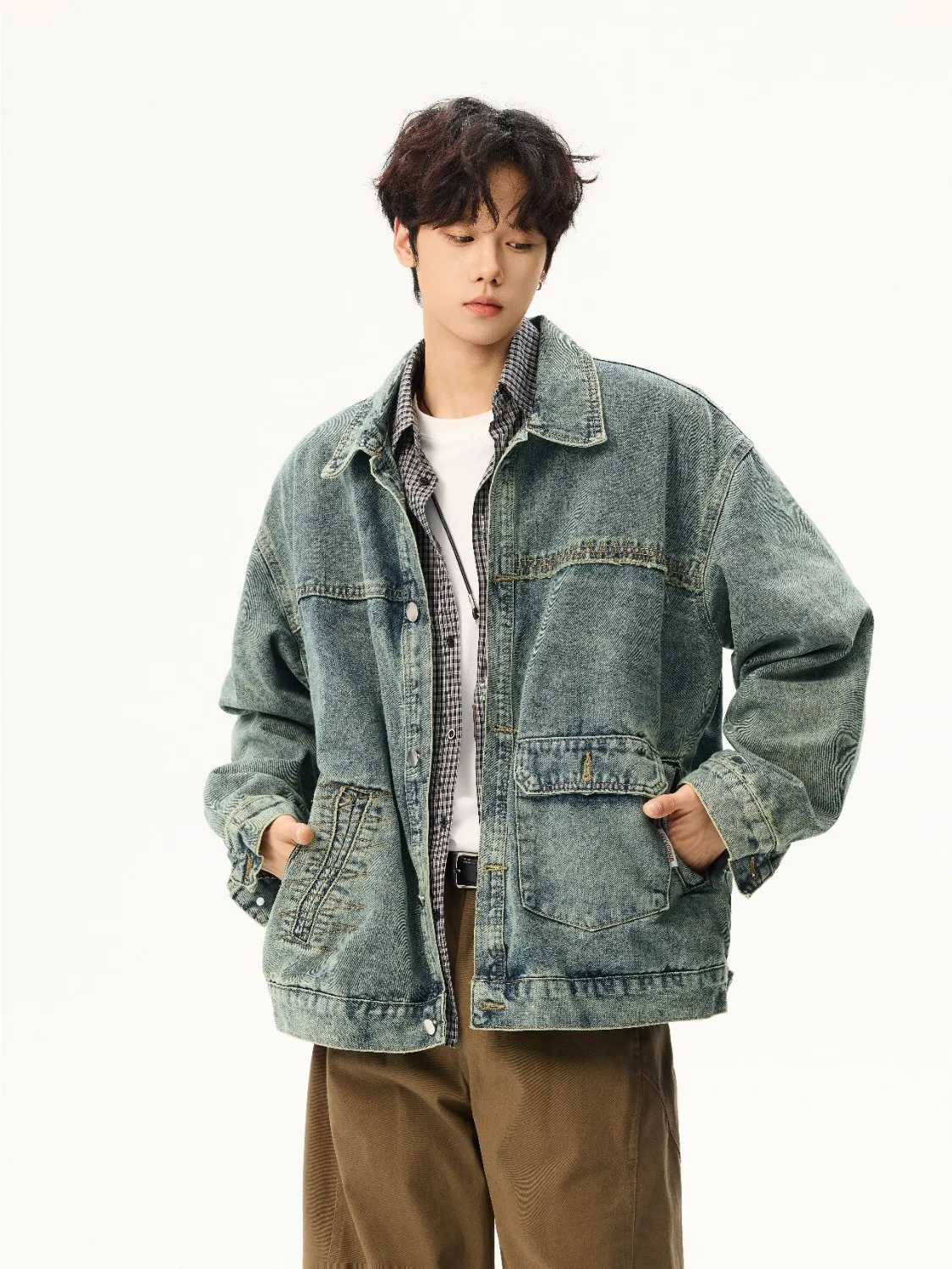 

Мужская джинсовая куртка в стиле ретро в американском стиле, винтажное свободное покрое пальто, модное прочное длинное пальто из смеси хлопка и полиэстера