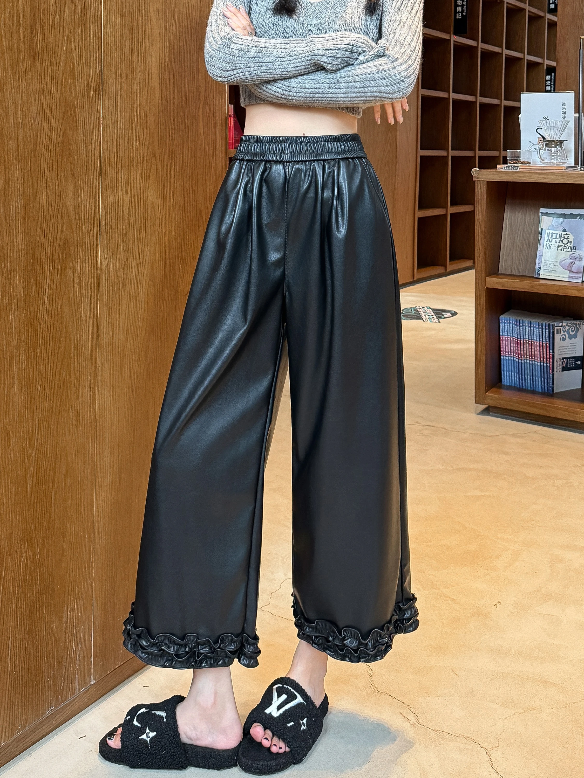 بنطلون واسع الساق من الجلد الصناعي بلون الكراميل للنساء، خصر عالي وتصميم فضفاض، جديد لخريف وشتاء، مقاس صغير، أسلوب كوري أنيق للتنقل اليومي