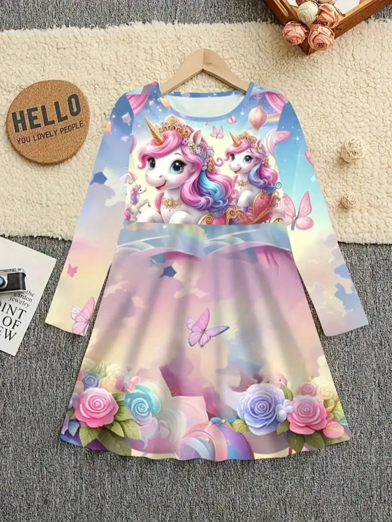 Mädchen-Einhorn-Cartoon-Kleid, kurzärmelig, sommerlich, lässig, Rundhalsausschnitt, 3D-gedruckt, geeignet für Teenager-Mädchen als Prinzessinnenkleid – Detail 3