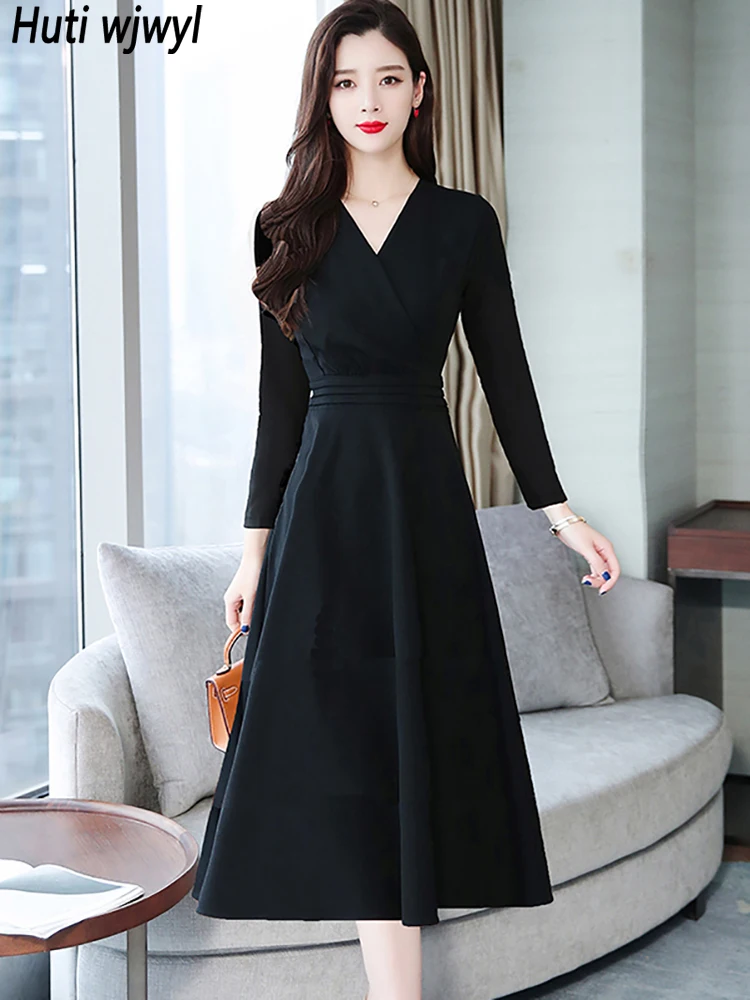 Frühling Herbst Vintage schwarz Hepburn Party Vestidos Frauen Langarm sexy Midi Kleid 2024 solide elegante Bodycon Party langes Kleid