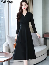Spring Autumn Vintage Black Hepburn Party Vestidos Women Long Sleeve Sexy Midi Dress 2024 Solid Elegant Bodycon Party Long Dress