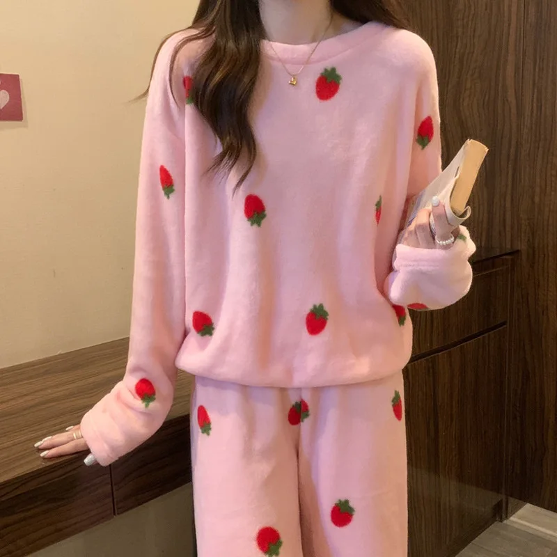 Pajamas Winter Women\'s Padded Thickened Loose Large Size Drawstring Feet Coral Fleece Leisure Home Suit Warm Pajamas Set