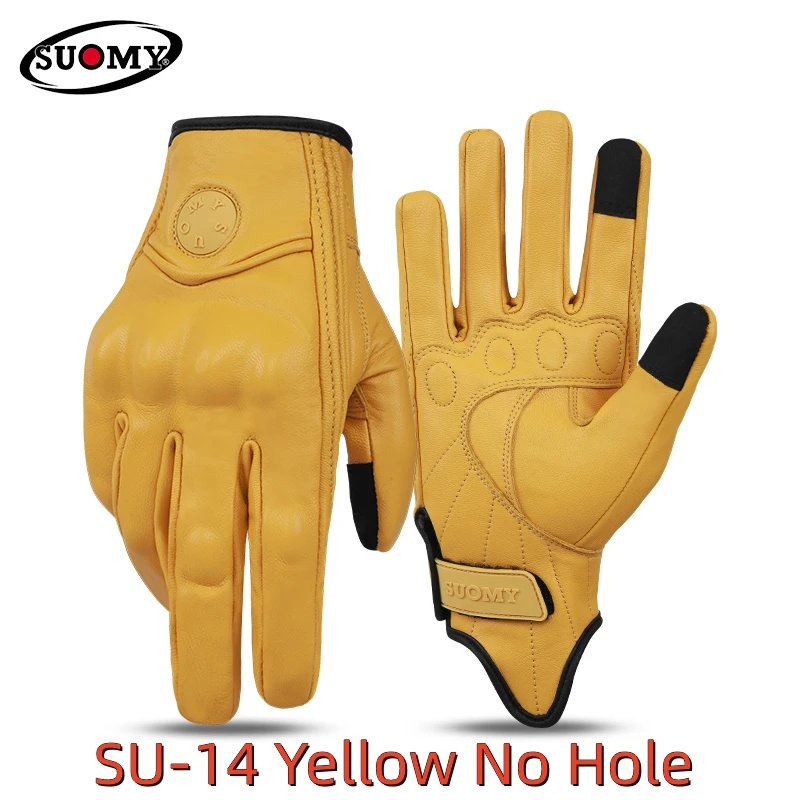 SUOMY Black Yellow Pink Brown Retro Leather Motorcycle Gloves Non-Perforated Hard Protection Touchscreen Riding Gear view 6