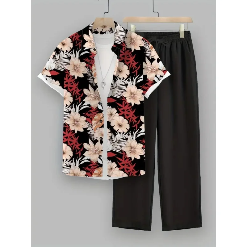 

Мужской комплект из 2 предметов: красный цветок с 3D-печатью — повседневная модная рубашка с короткими рукавами и брюки на шнурке, повседневная одежда, пляжная одежда, ролевые