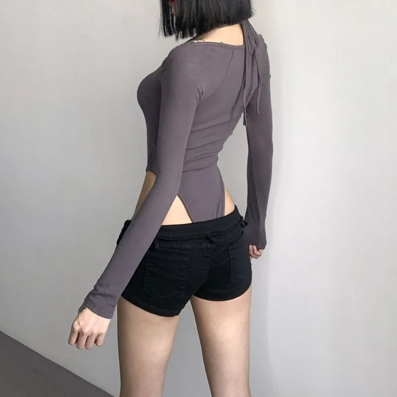 American Spicy Girl – body décontracté à manches longues, Sexy, col suspendu, Camisole de sport, cravate serrée, coupe haute, T-shirt pour femmes