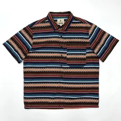 National Style Printed 100% Cotton Shirts for Men Summer Vintage Casual Loose Striped Shirts 24ss Y2k Youth Male Tough Tops