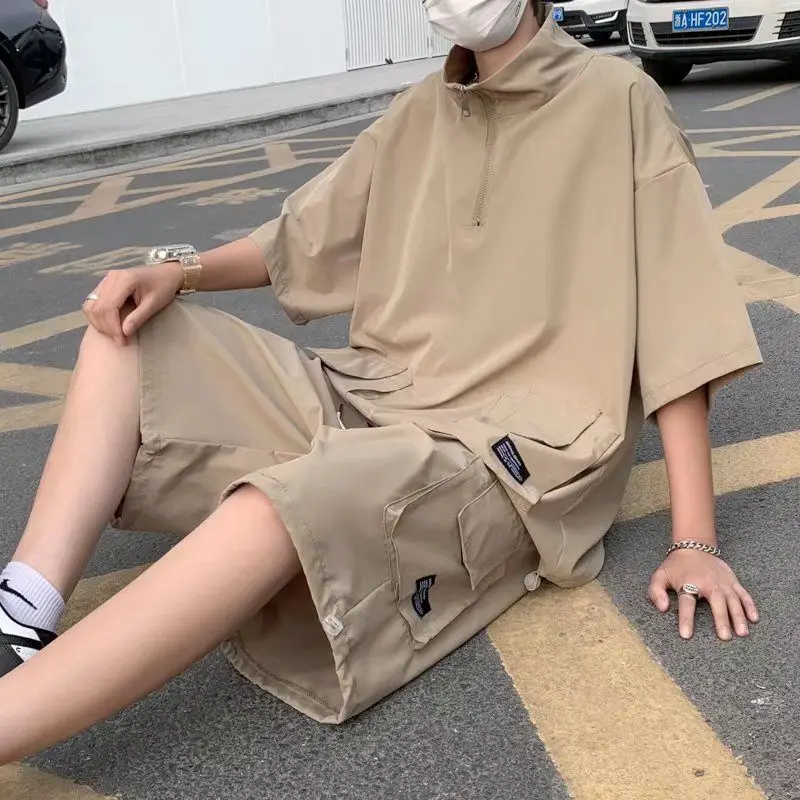 

Zipper Stand-up Collar T-shirt Work Clothes Shorts Shorts Suit Men Summer Two-piece Suit