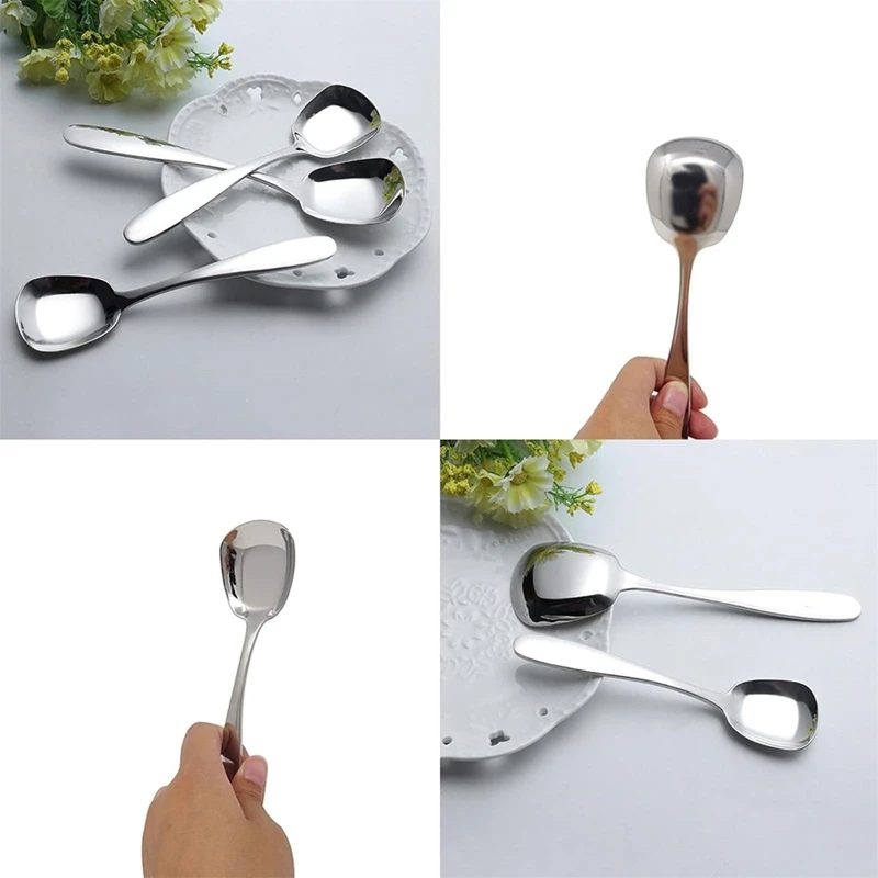 6PCS Squarehead Stainless Steel Spoons,Head Ice Cream Spoons, Arithmeticn Spoons, Rice Spoons, Soup Spoons