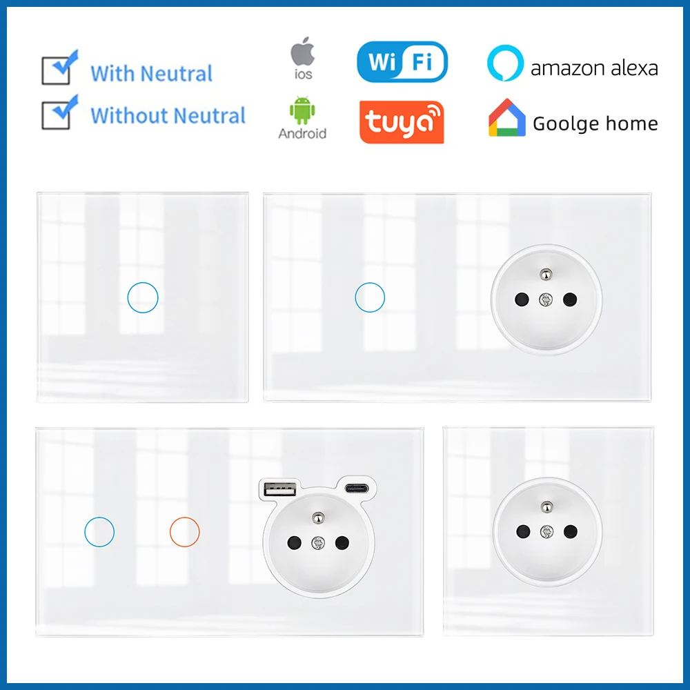 SRAN French Wall Switch WiFi and Not WiFi Socket, Full screen Glass Panel Smart Switch 1/2/3Gang Tuya Smart Life App Control