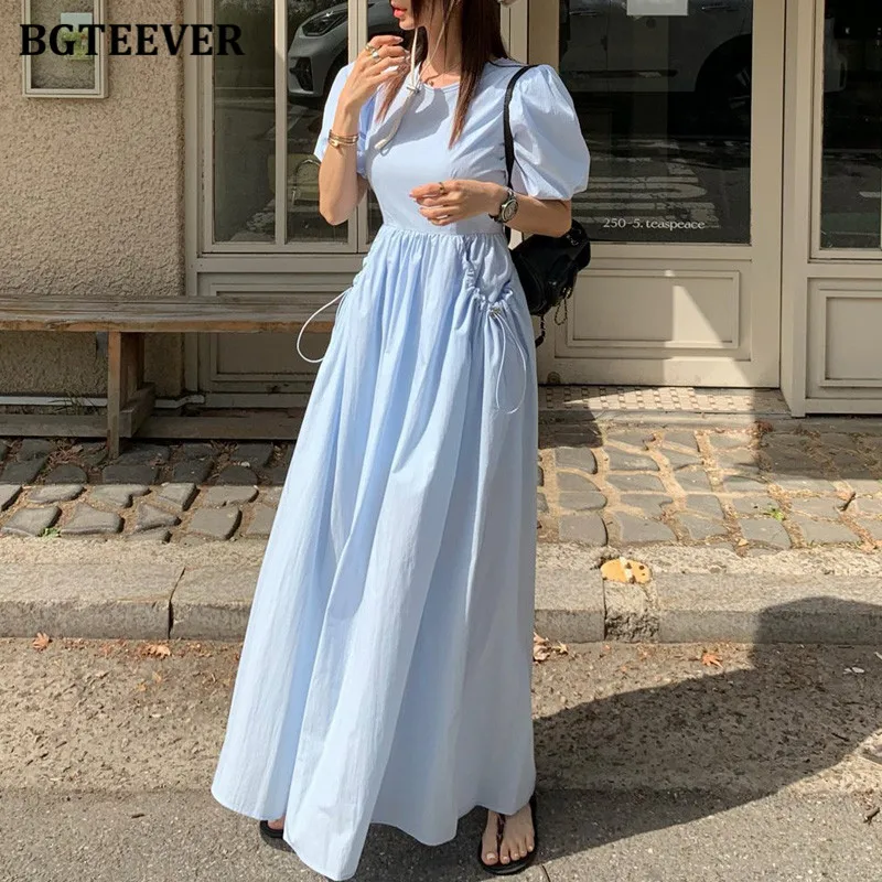 BGTEEVER Casual Puff Sleeve Floor-Length Women A-line Dress Summer O-neck Slim Waist Drawstring Pockets Female Dress