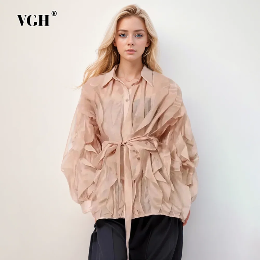 

VGH Solid Patchwork Lace Up Shirts For Women Lapel Long Sleeve Spliced Single Breasted Minimalist Loose Blouses Female Fashion