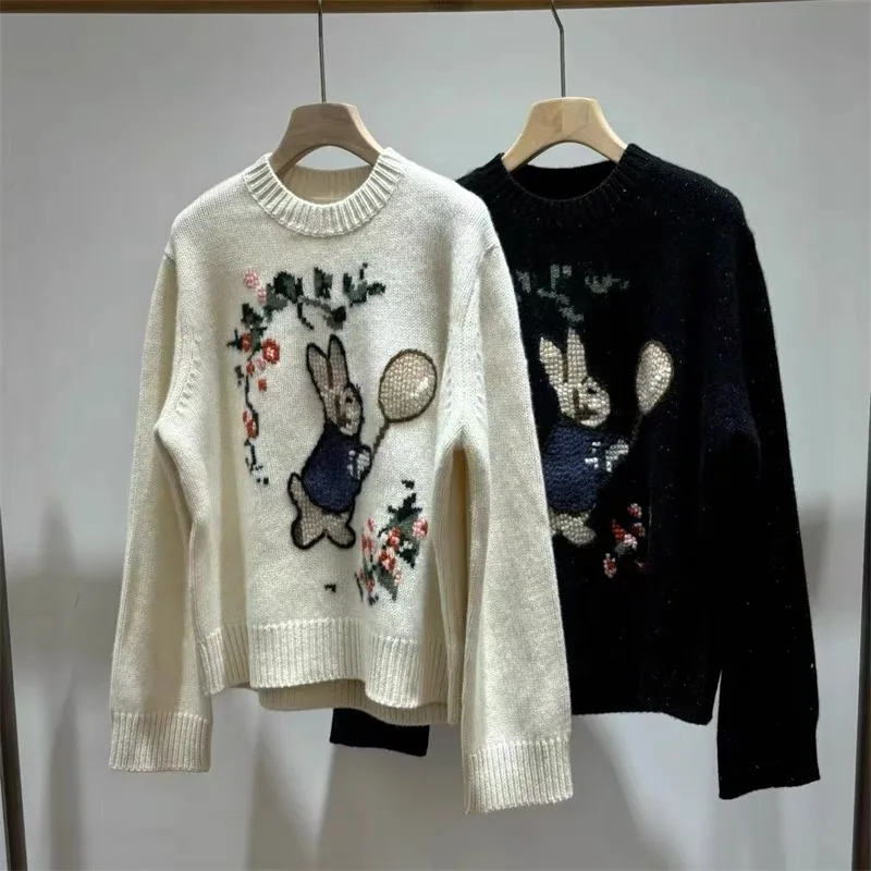 Sweater rajut tebal bordir kartun wanita, pakaian kasual longgar leher O lembut wol malas musim gugur musim dingin