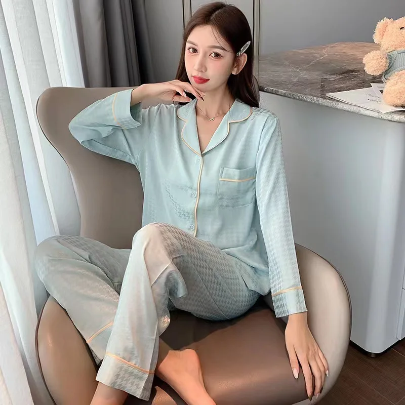 Ice Silk Pajamas for Women Long Sleeve Long Pants Spring Autumn Two-piece Set Luxury Pijamas Fashion Leisure Female Sleepwear