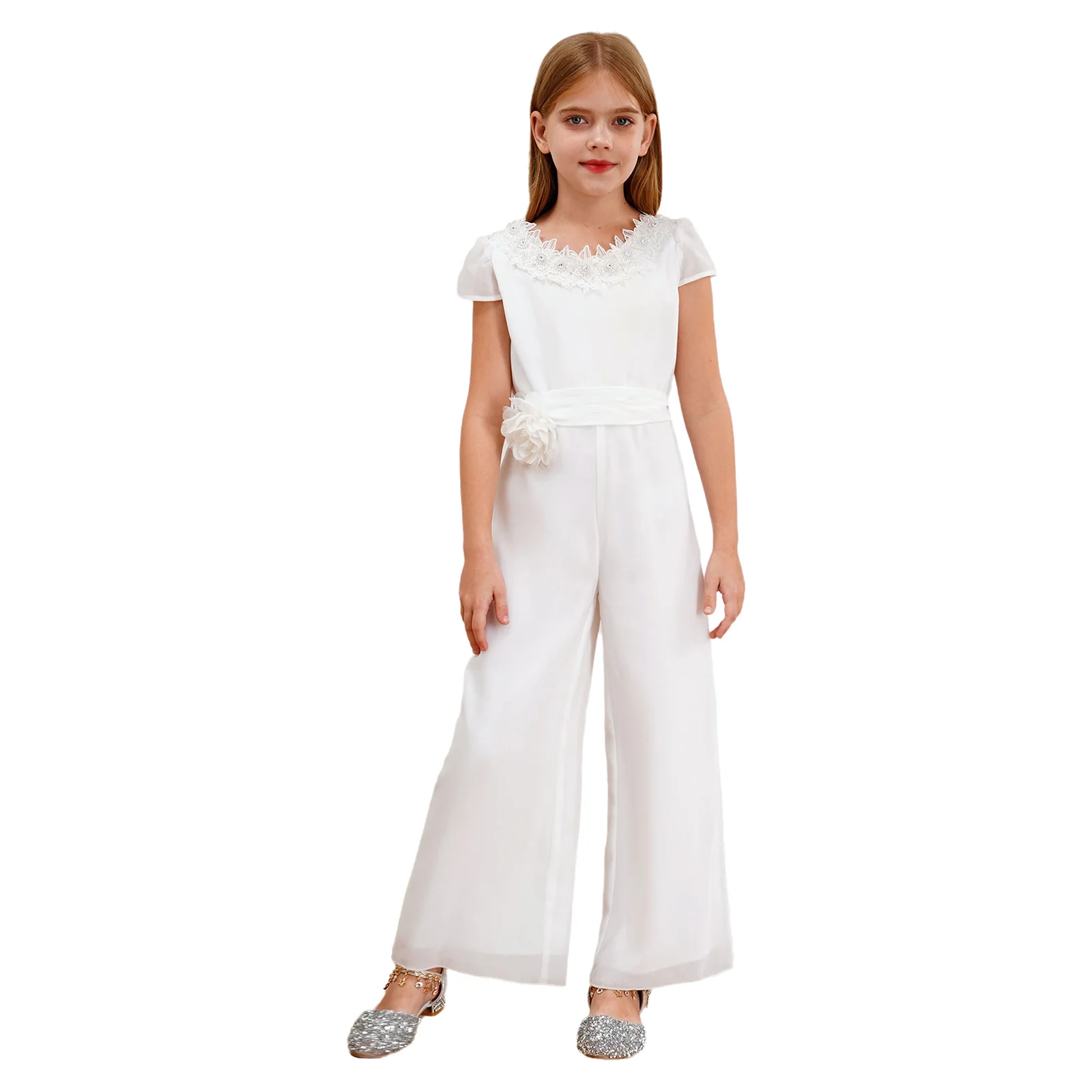 Combinaison avec appliques 3D pour adolescentes, manches cape, body de fête en mousseline de soie, taille haute, superposition, pantalons à jambes larges, barboteuse pour Banquets