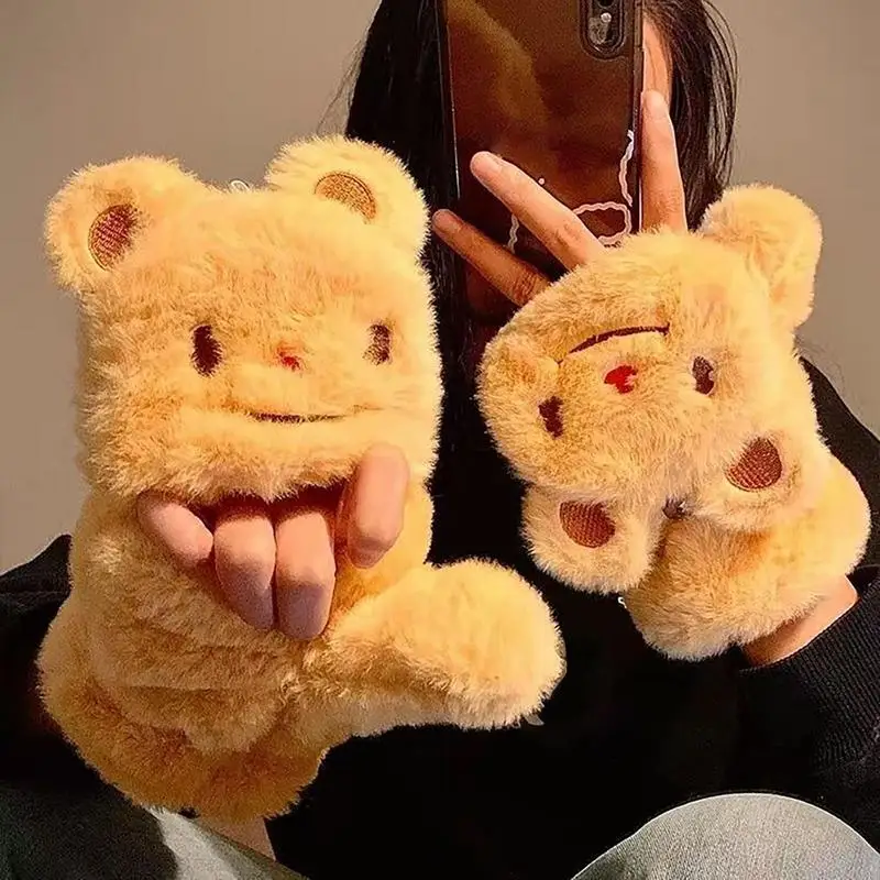 Plush Cartoon Gloves Plush Half Finger Women Winter Mittens Cute Warm Gloves Cozy Cold Weather Typing Gloves for Friends Gift