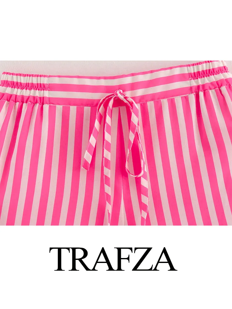 TRAFZA Women Fashion Pink Striped Set Turn Down Collar Single Breasted Shirt Top + Elastic Waist Lace-Up Drawstring Woman Shorts