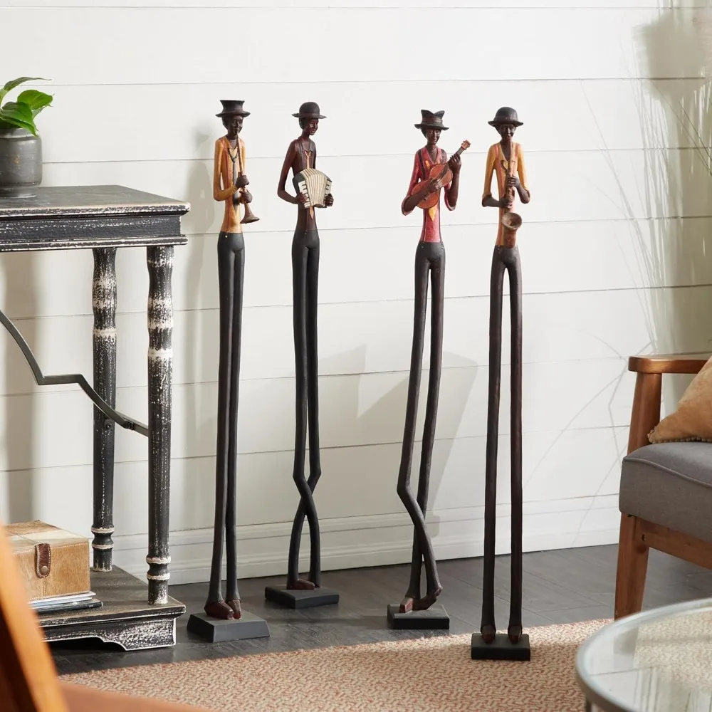 Musician Decorative Sculpture Tall Long Leg Jazz Band Home Decoration Statue with Black Base Bracket,Set of 4 Decorative Statues