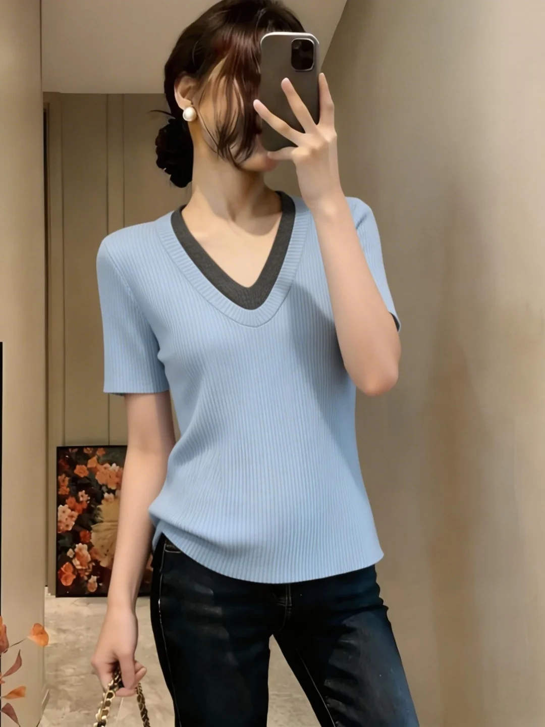 

Ice Silk V-Neck Short Sleeve T-Shirt Women's Base Shirt Summer New Style plus Size Color Block Commute Friendly Soft Comfortable
