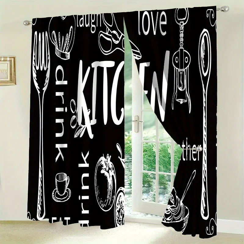 Funny Kitchen Utensil Print Black Background Curtain Love Laugh Drink Kitchen Decor Window Curtain