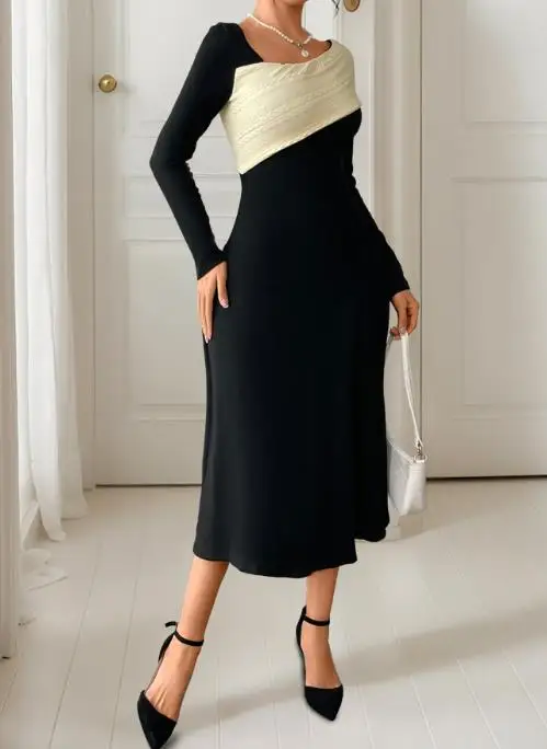 2025春夏新作　万能でセクシー、エレガントなウエストシェイプ、ゆったりとしたAラインのイレギュラーVネックカラーブロックワンピース