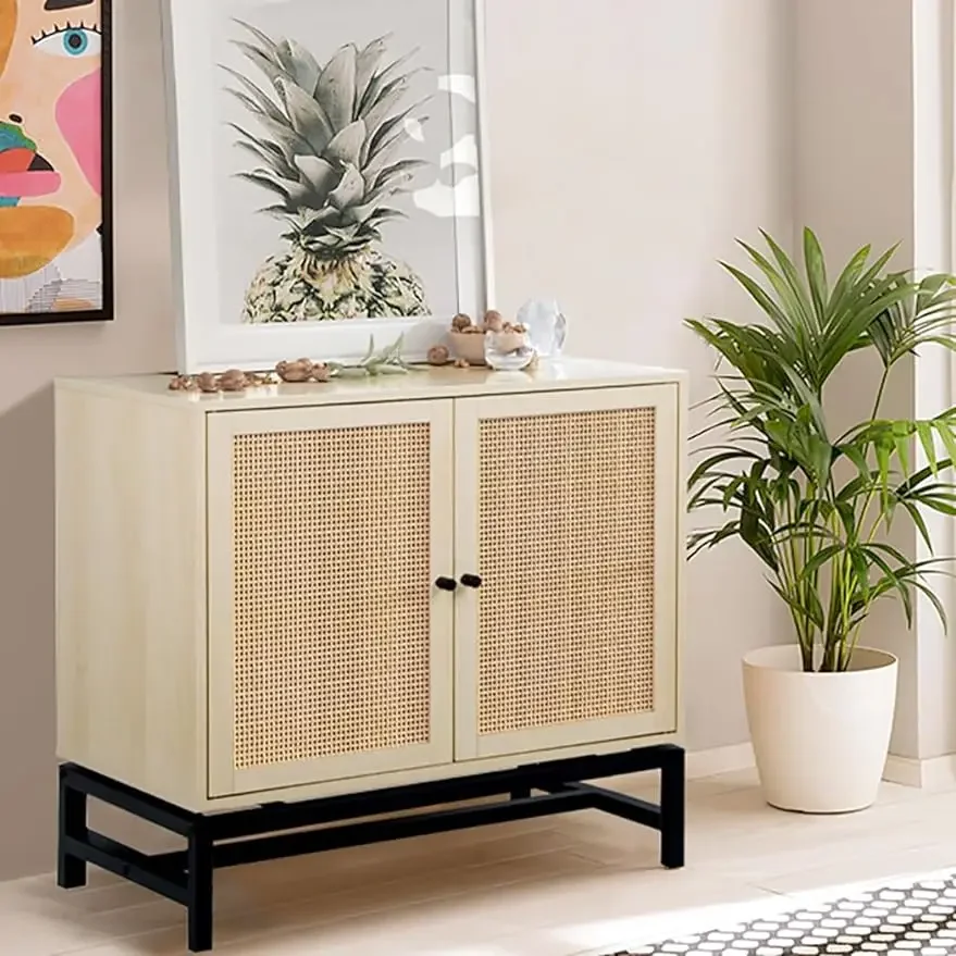 

Rattan Kitchen Storage Cabinet with 2Doors,Cupboard Console Table with Adjustable Shelves,Accent Cabinet for Dining Room,Bedroom