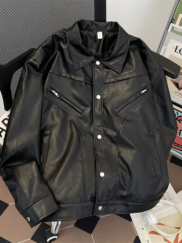 

Мужская куртка из искусственной кожи с откидным воротником и наплечниками, модная, для весны и осени, стильная, высококачественная, для мотоциклистов...