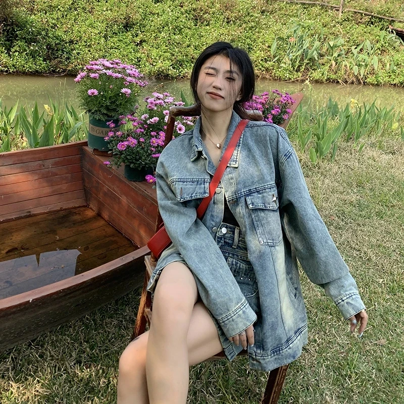 Washed Denim Jacket Women Vintage Design Spring Autumn Trend Cool Loose Jeans Coat Korean Loose Casual Denim Windbreaker Outwear
