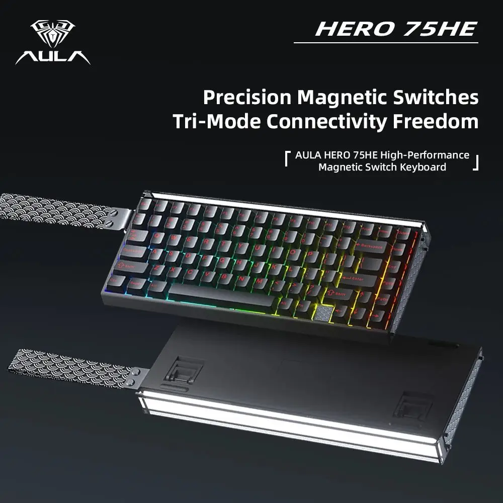 AULA Hero 75 HE：3モード対応、磁石式スイッチ、RGBバックライト、75%レイアウト、8KHzのポーリングレート、8000mAhの大容量バッテリー搭載のゲーミングキーボード。