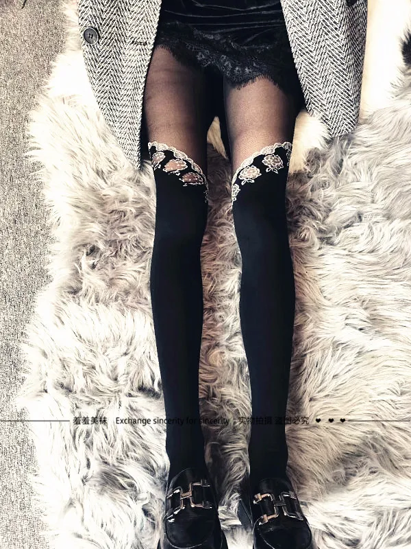 ANGEL European Style Spliced Black Pantyhose Spring Autumn Mock Suspender Thigh‑High Socks Japanese JK Style Trendy Women Tights