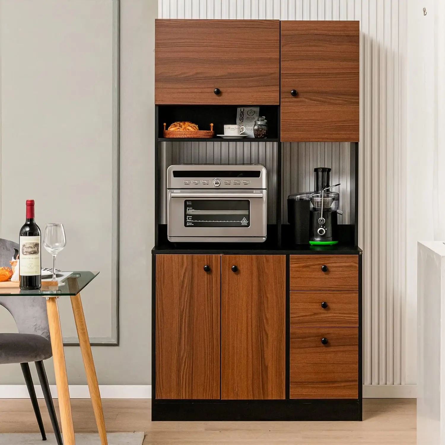 LOKO 71” Tall Kitchen Pantry Storage Cabinet, Freestanding Buffet Hutch with Doors, Adjustable Shelves, 3 Drawers and Microwave