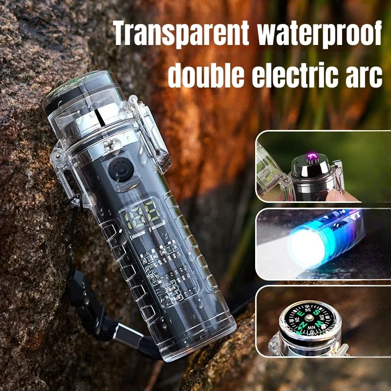 New Double Arc Lighter Type-C Rechargeable Waterproof LED Three Gear Lighting with A Compass Outdoor Plasma Flameless Lighter