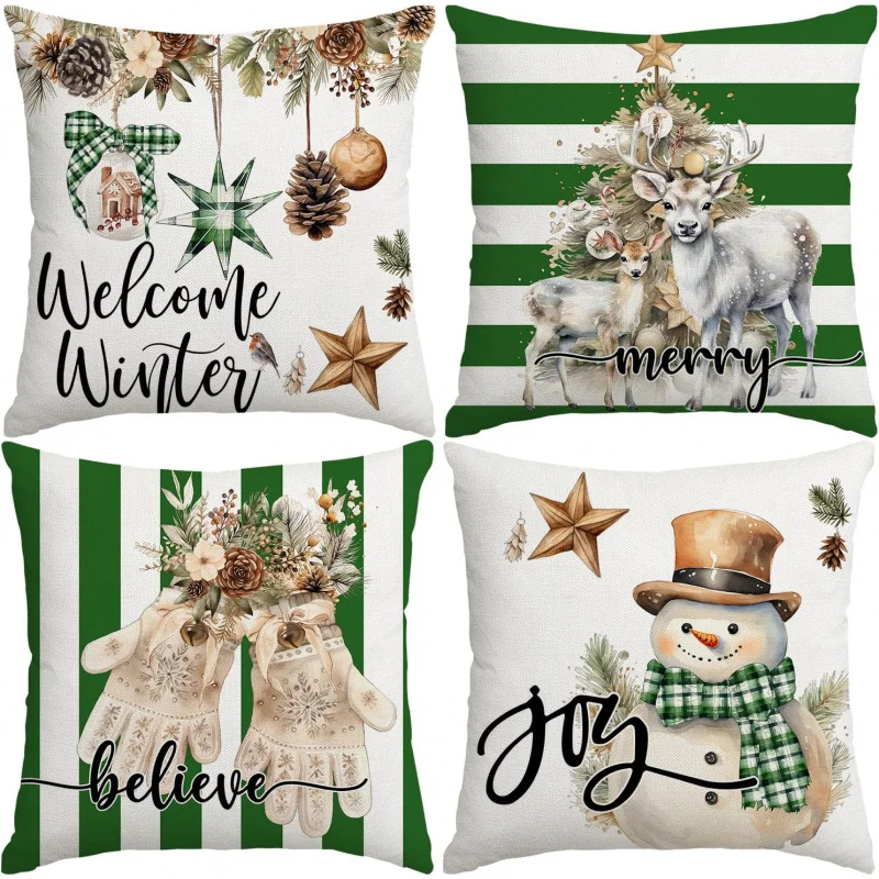 

Christmas pillowcase 18x18 inches set of 4 snowmen winter green and white striped pillow cover