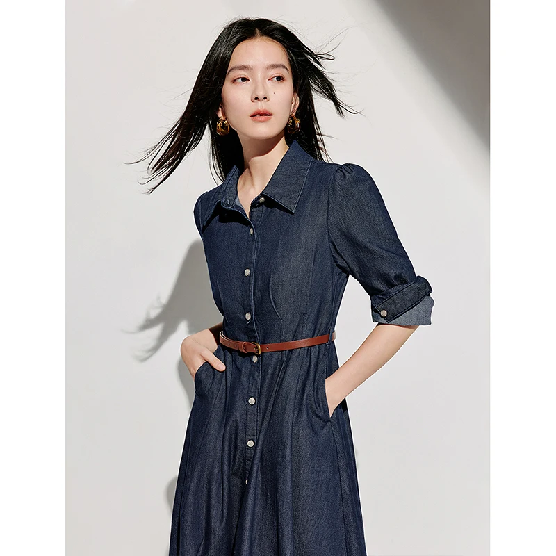 INMAN 2024 autumnwinter commuter Denim dress women\'s dresses bubble sleeve slimming A-line long skirt（with one free belt）