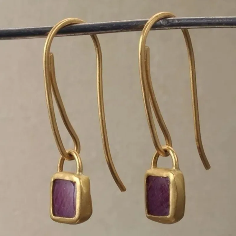 Ethnic Square Purple Stone Hook Earrings Vintage Jewelry Gold Color Metal Geometry Long Dangle Earrings for Women